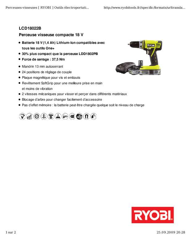 Notice RYOBI LCD18022B perceuse Trouver une solution à un problème