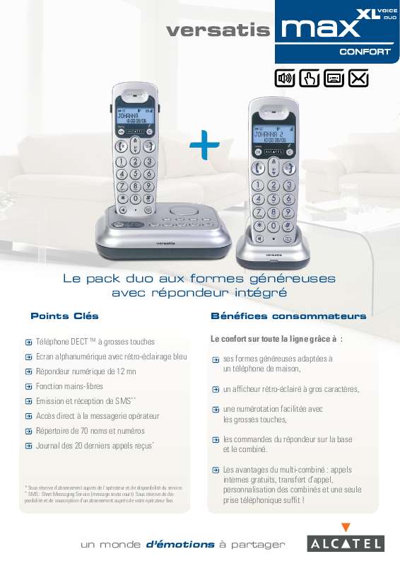 Notice ALCATEL VERSATIS MAX XL VOICE DUO COMFORT - téléphone sans fil ...