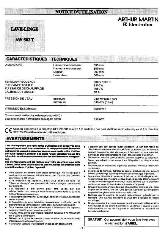 Mode d'emploi ARTHUR MARTIN AW502T