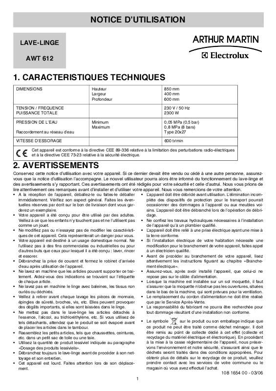 Mode d'emploi ARTHUR MARTIN AWT612