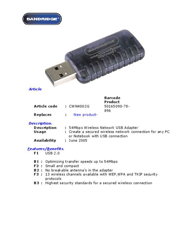 Mode d'emploi BANDRIDGE NETWORK USB ADAPTOR