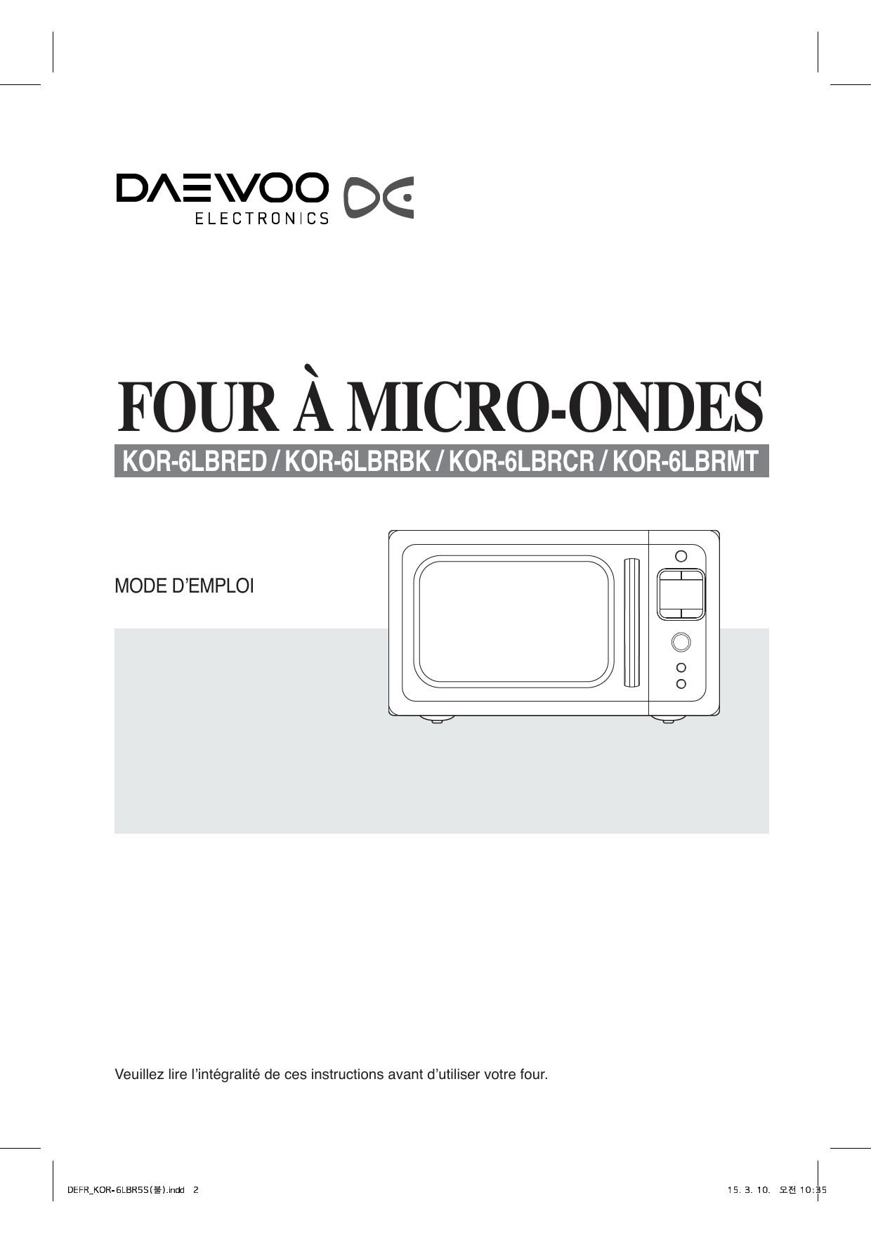 Notice four microonde DAEWOO KOR6LBRB Trouver une solution à un — free download