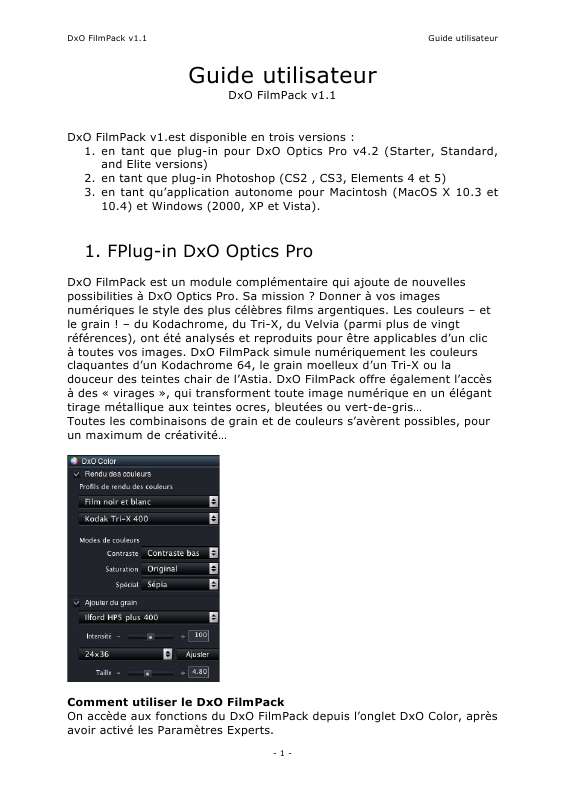 Mode d'emploi DXO FILMPACK V1.1
