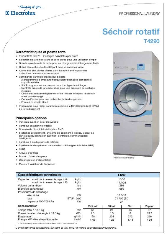 Mode d'emploi ELECTROLUX LAUNDRY SYSTEMS T4290