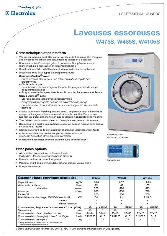 Mode d'emploi ELECTROLUX LAUNDRY SYSTEMS W4105S