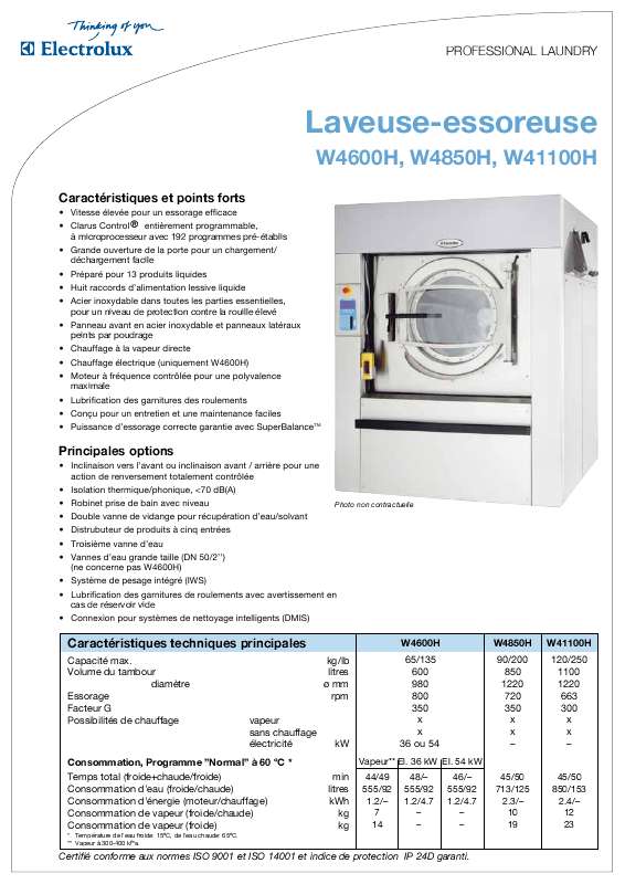 Mode d'emploi ELECTROLUX LAUNDRY SYSTEMS W41100H