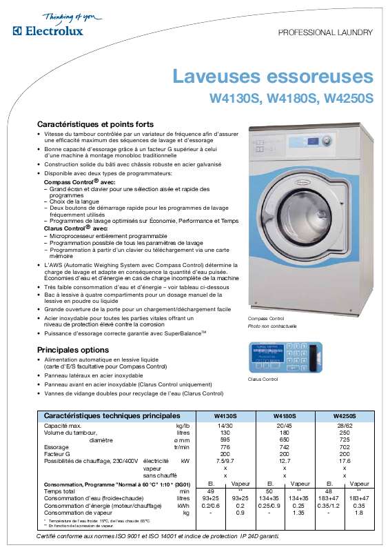 Mode d'emploi ELECTROLUX LAUNDRY SYSTEMS W4250S