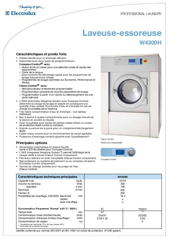 Mode d'emploi ELECTROLUX LAUNDRY SYSTEMS W4300H