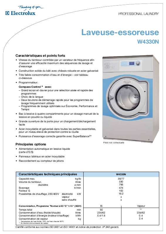 Mode d'emploi ELECTROLUX LAUNDRY SYSTEMS W4330N