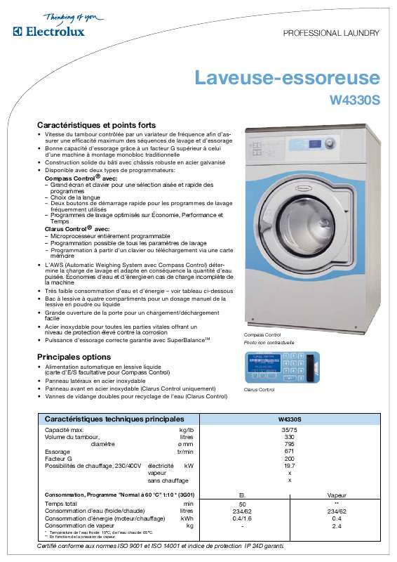 Mode d'emploi ELECTROLUX LAUNDRY SYSTEMS W4330S