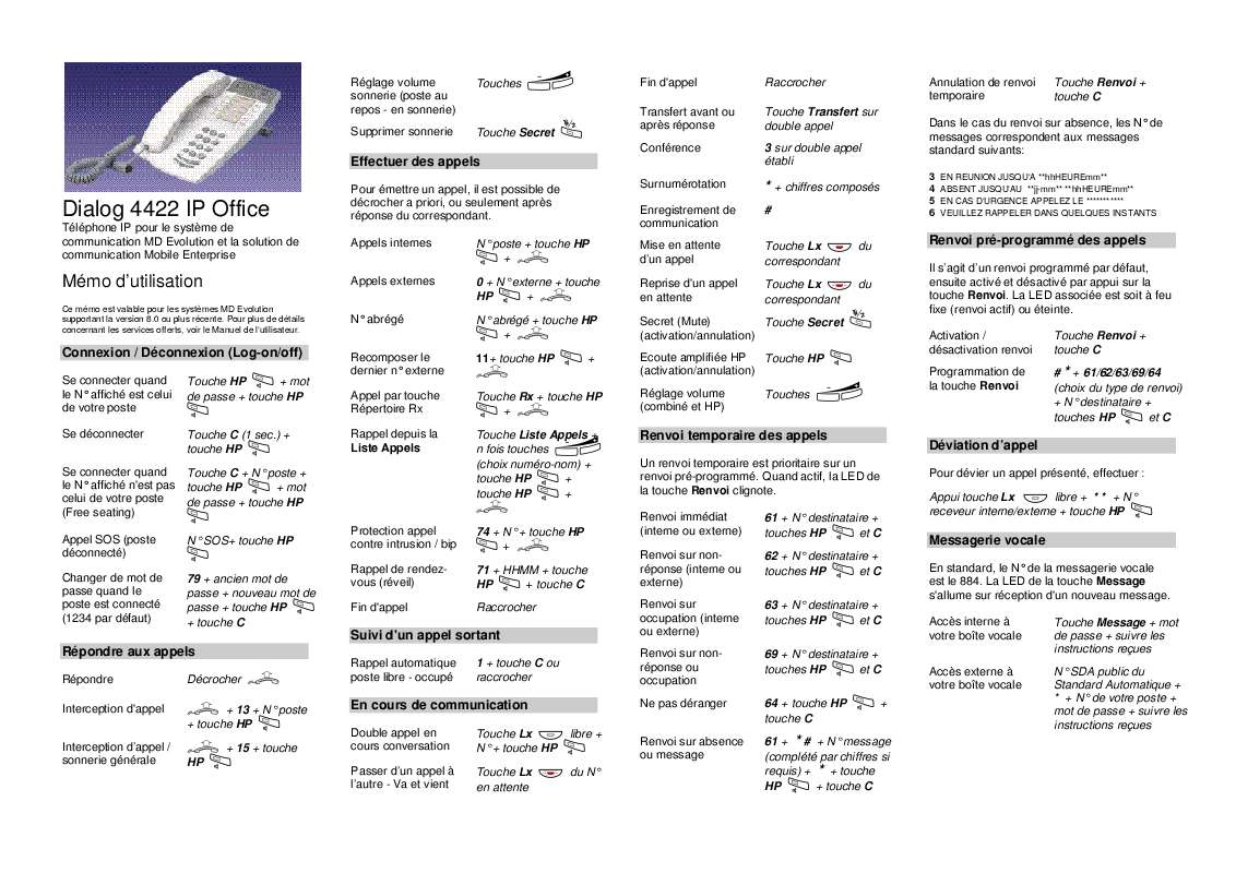 Mode d'emploi ERICSSON DIALOG 4422 IP OFFICE