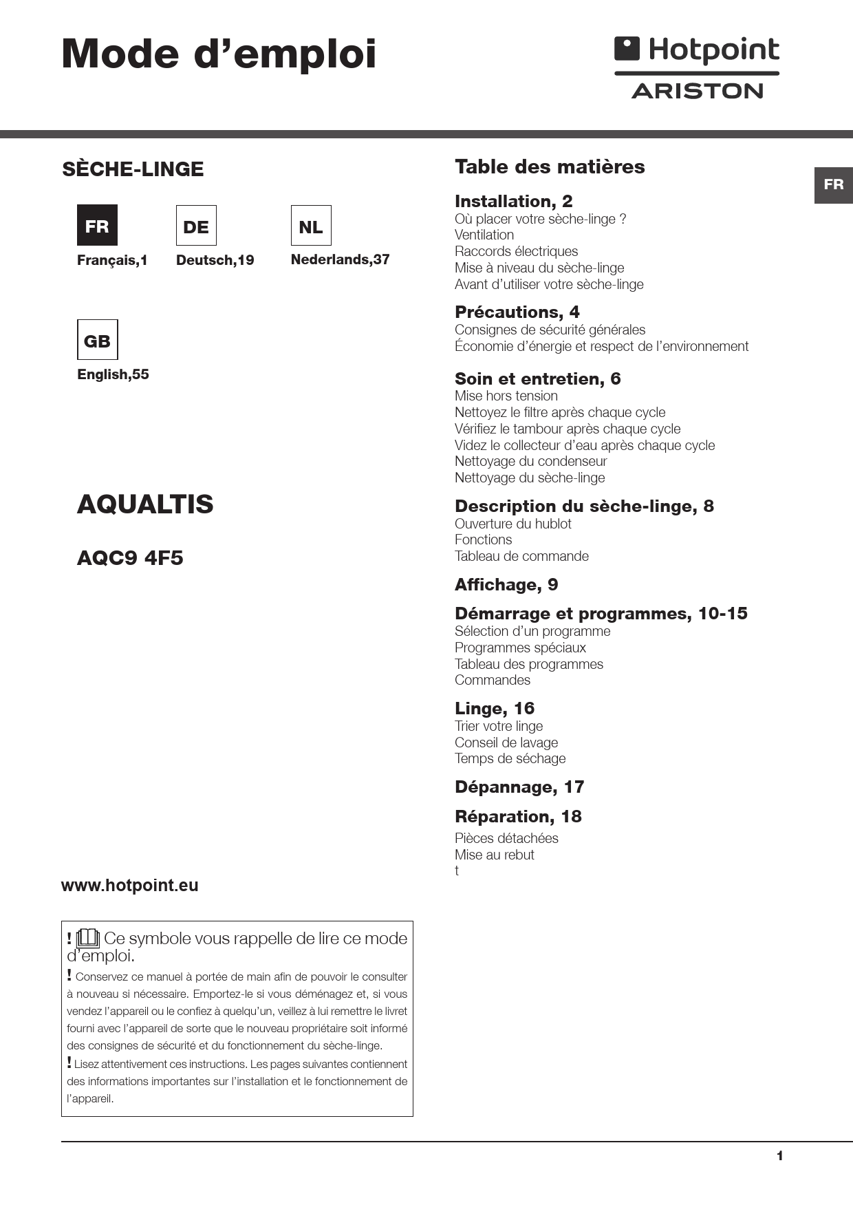 Mode d'emploi HOTPOINT AQUALTIS AQC94F5T/Z1