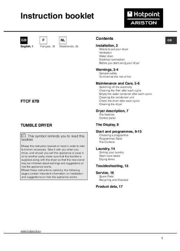 Notice HOTPOINT FTCF 87B 6HY - Trouver Une Solution à Un Problème ...