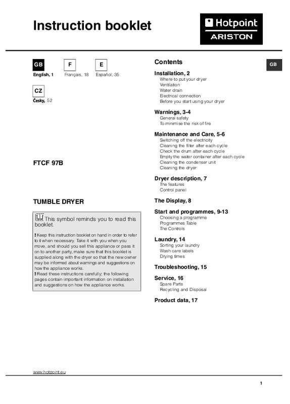 Mode d'emploi HOTPOINT FTCF 97B 6HY