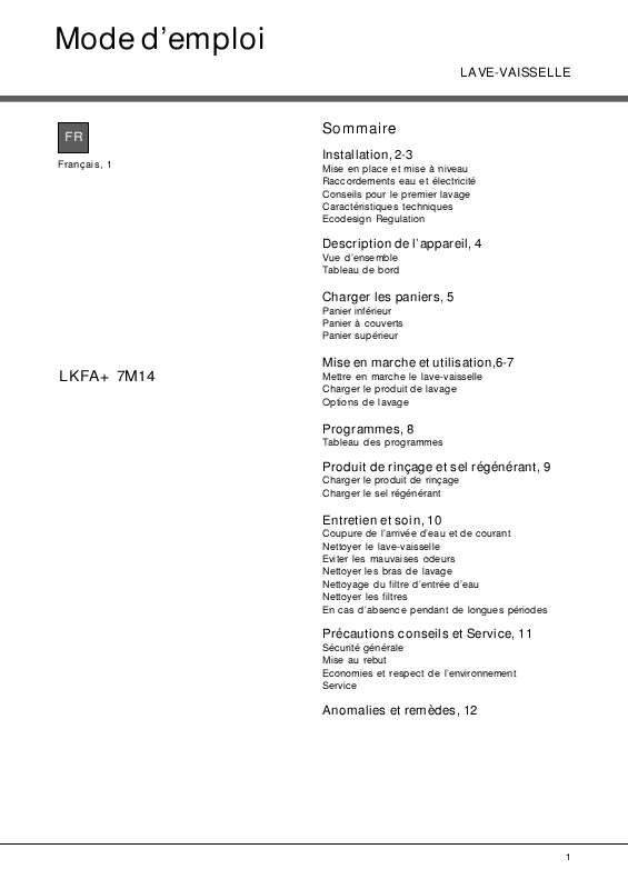 Mode d'emploi HOTPOINT LKFA+ 7M14XFR