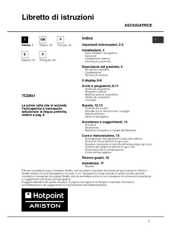 Mode d'emploi HOTPOINT TCD 851 X
