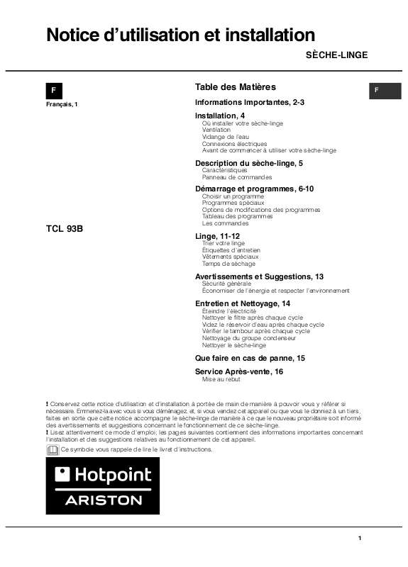Mode d'emploi HOTPOINT TCL 93B6H/Z1