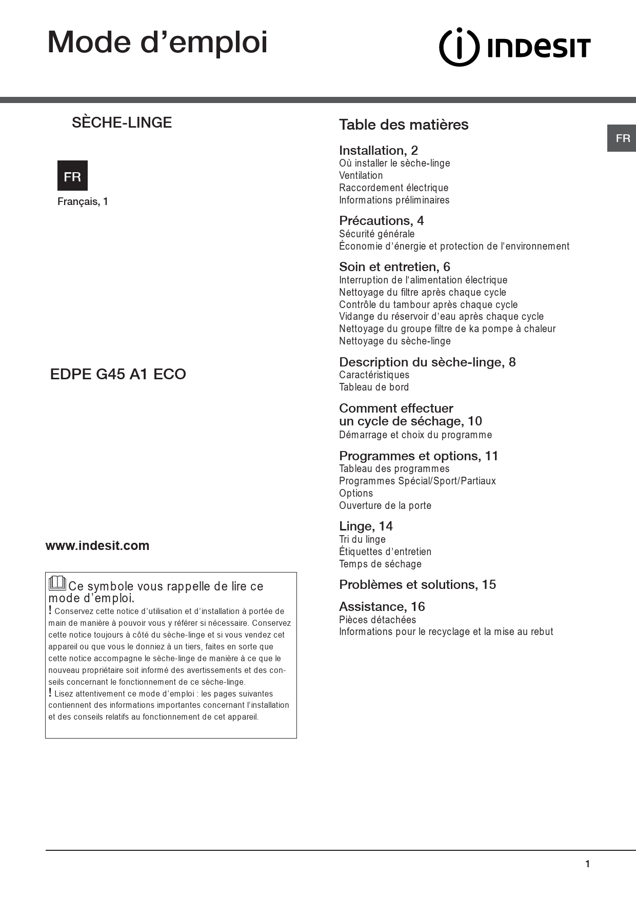 Mode d'emploi INDESIT EDPE G45 A2 ECO
