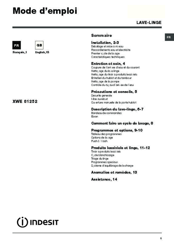 Mode d'emploi INDESIT XWE81252X W FR