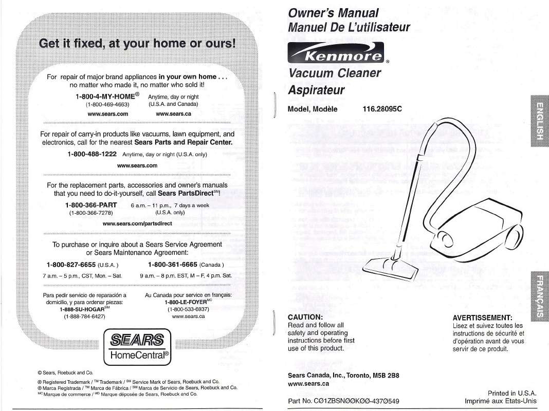 Notice lavevaisselle KENMORE VACUUM CLEANER 11628095C