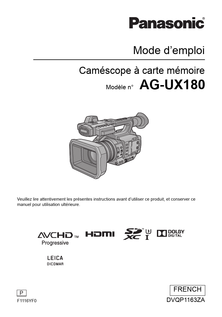 Mode d'emploi PANASONIC AG-UX180