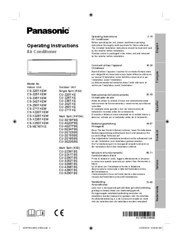 Mode d'emploi PANASONIC CU2Z50TBE