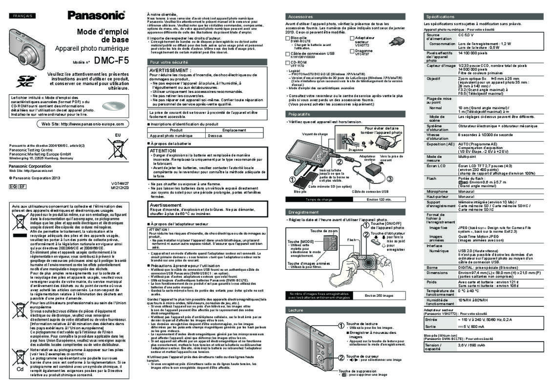 Mode d'emploi PANASONIC LUMIX DMC-F5EF
