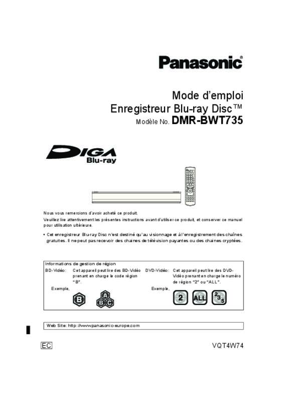 Mode d'emploi PANASONIC DMR-BWT735EC