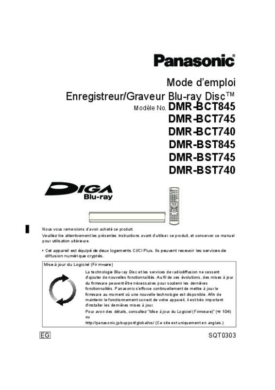 Mode d'emploi PANASONIC DMR-BCT845EG