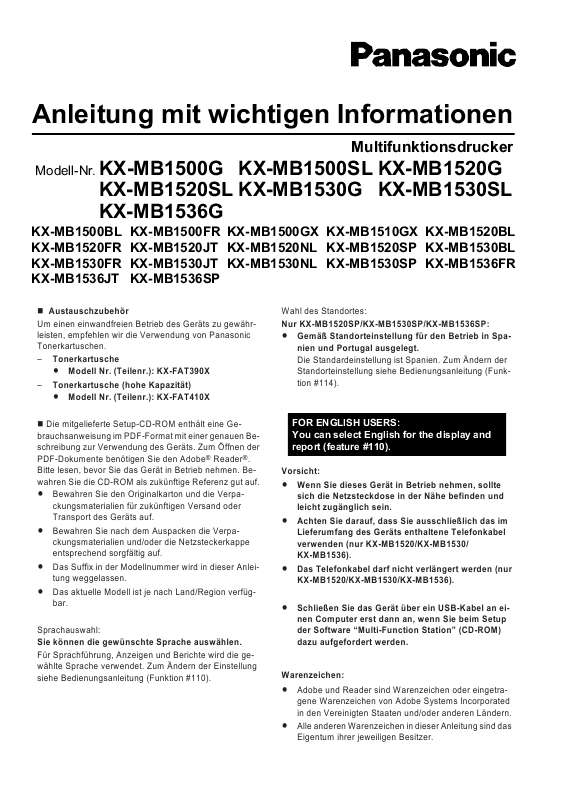 Mode d'emploi PANASONIC KXMB1536G