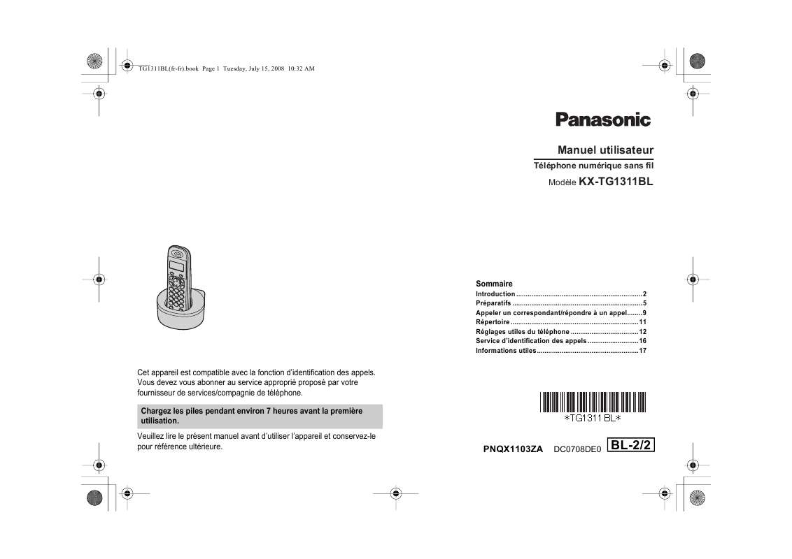 Mode d'emploi PANASONIC KX-TG1311BL
