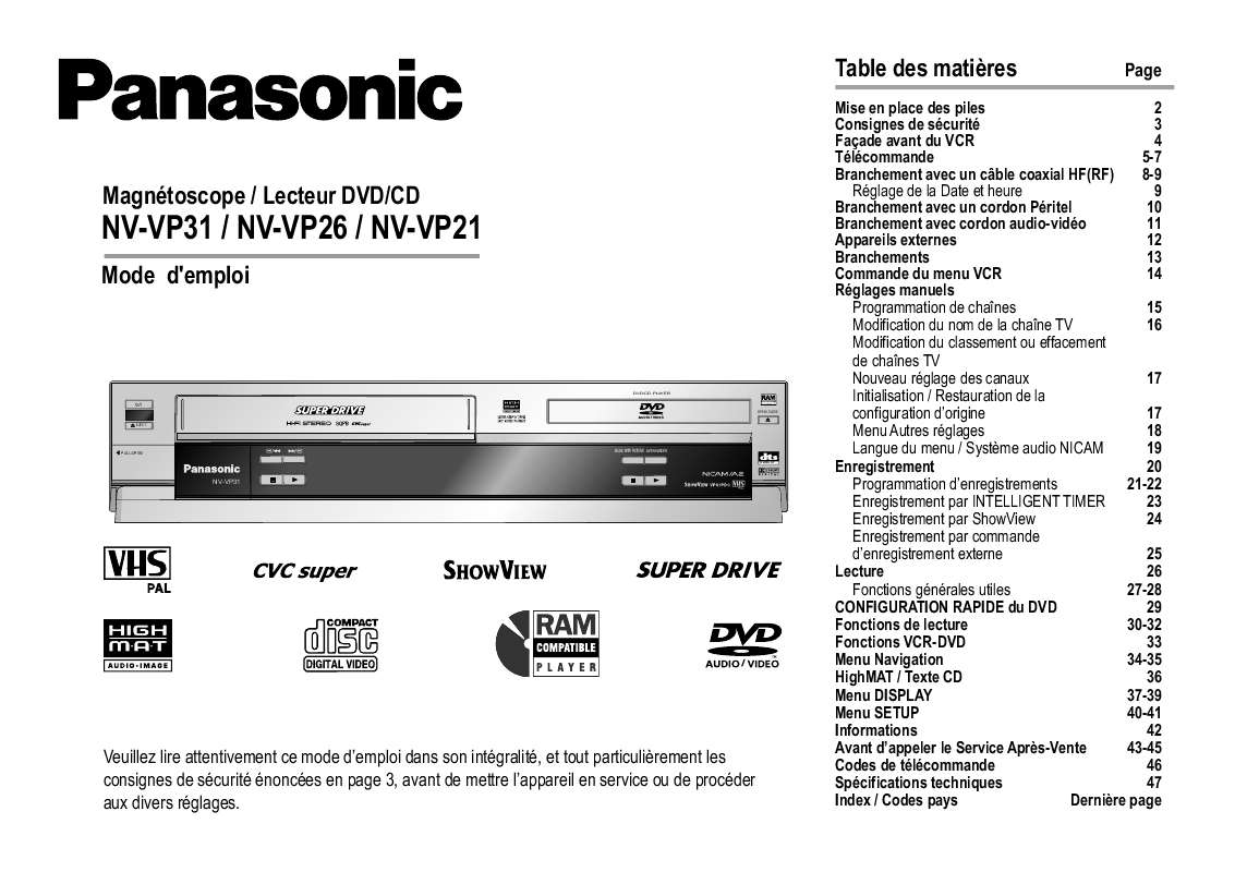 Mode d'emploi PANASONIC NVVP26EC