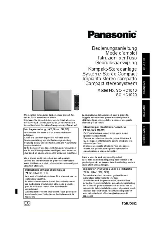 Mode d'emploi PANASONIC SC-HC1020EG
