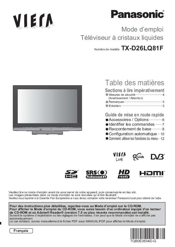 Notice PANASONIC TXD26LQ81F tv Trouver une solution à un problème
