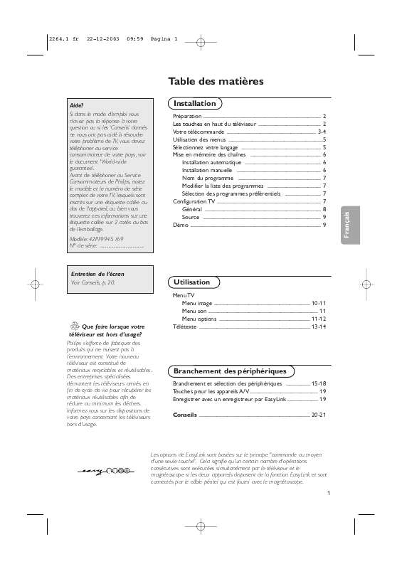 Mode d'emploi PHILIPS 42PF9945