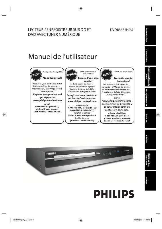 Notice PHILIPS DVDR3575H37B lecteur dvd Trouver une solution à un
