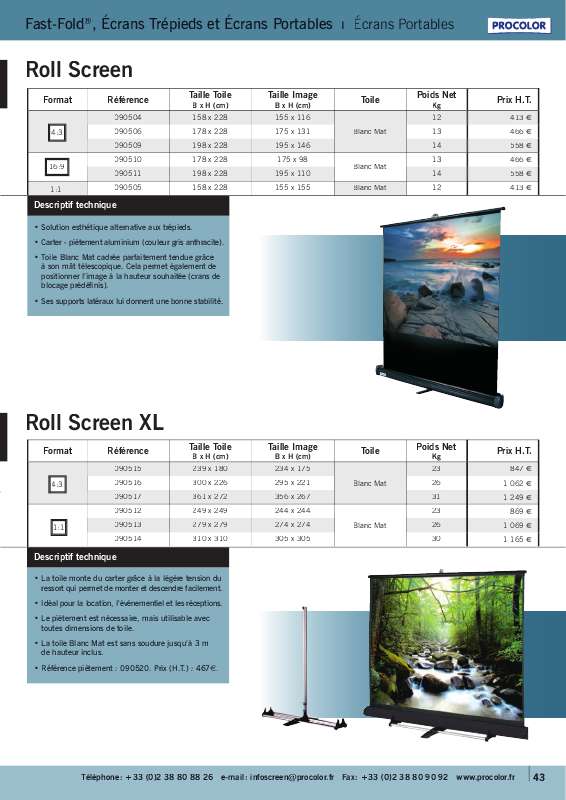 Mode d'emploi PROCOLOR ROLL SCREEN XL