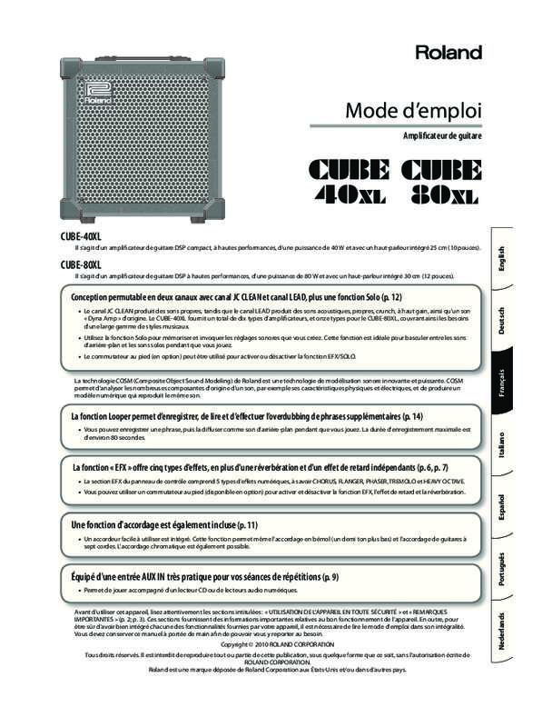 Notice ROLAND CUBE40XL Trouver une solution à un problème ROLAND