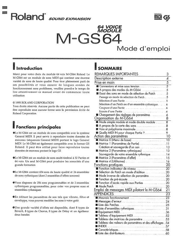 Notice ROLAND MGS64 Trouver une solution à un problème ROLAND MGS64