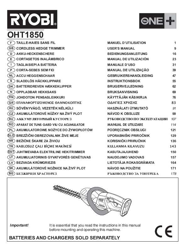 Notice RYOBI OHT1850 - taille-haie 
