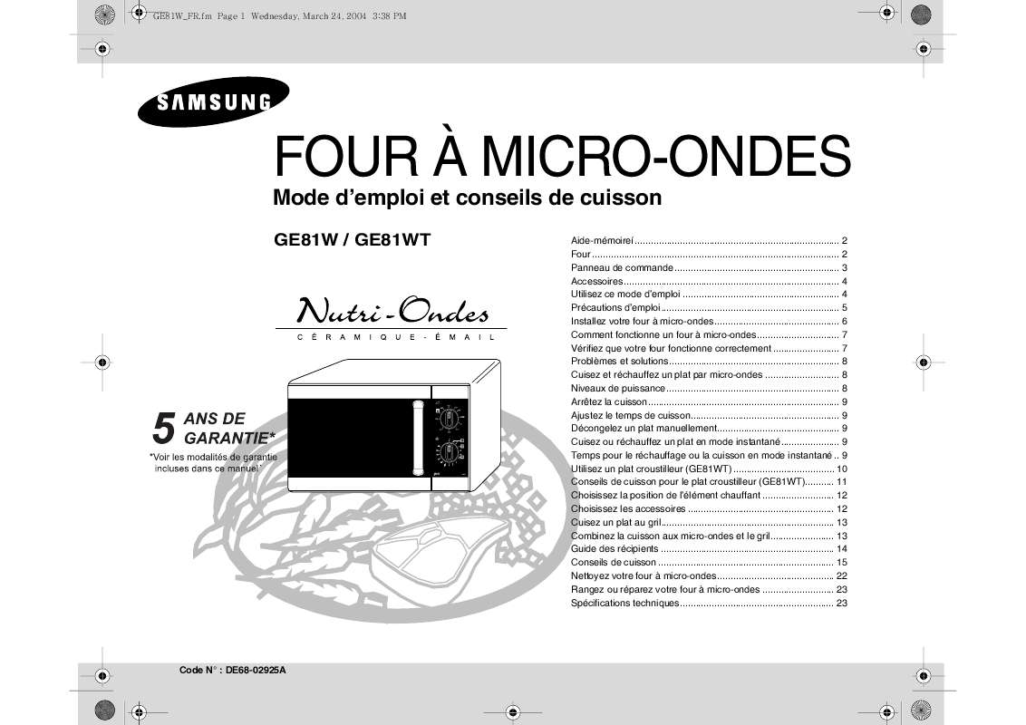 Notice four microonde SAMSUNG GE81WT Trouver une solution à un — free download