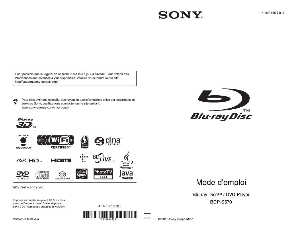 Notice SONY BDP-S570 - Lecteur Blu-ray Trouver Une Solution à Un ...