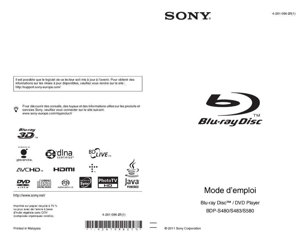 Notice SONY BDPS580 lecteur bluray Trouver une solution à un