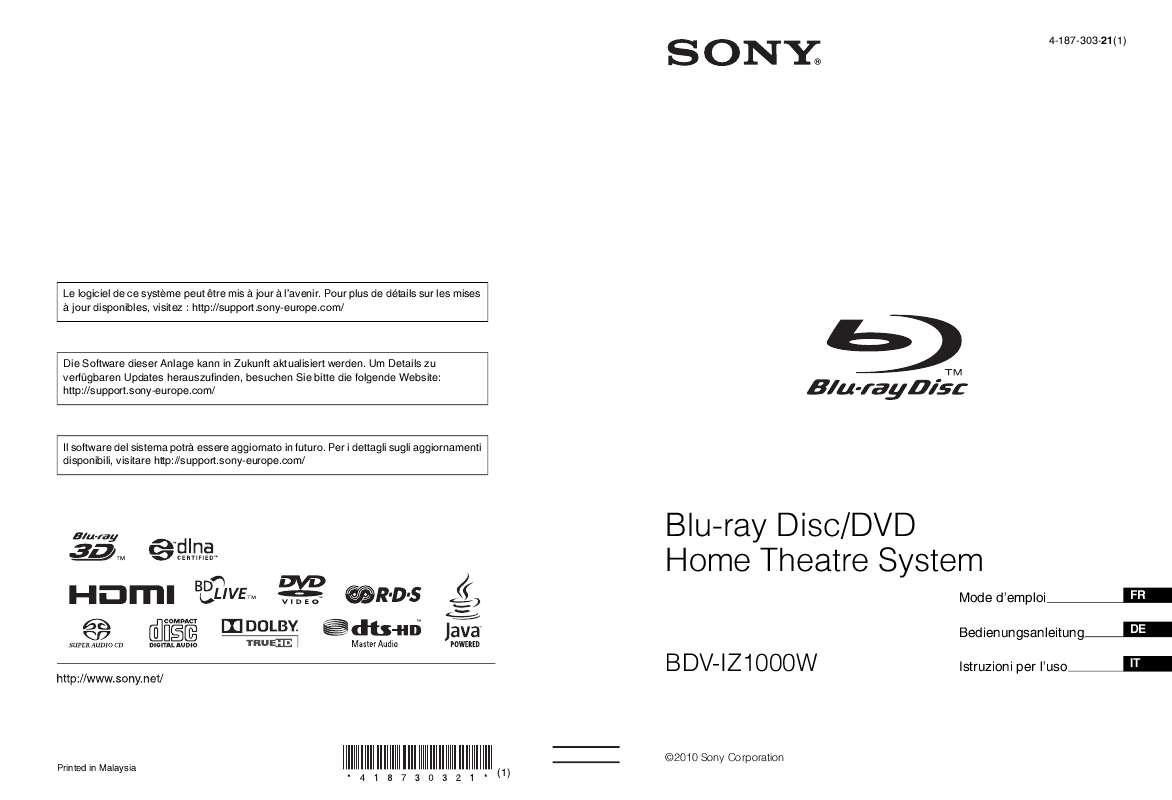 Notice SONY BDV-IZ1000W - Trouver Une Solution à Un Problème SONY BDV ...