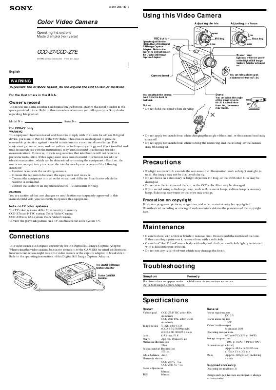 Notice Mode D'emploi D'origine Pour Caméscope Sony CCD-TR380E