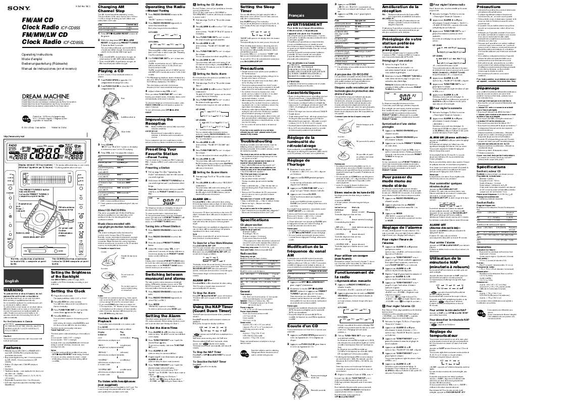 Notice SONY ICFCD855L radioréveil Trouver une solution à un