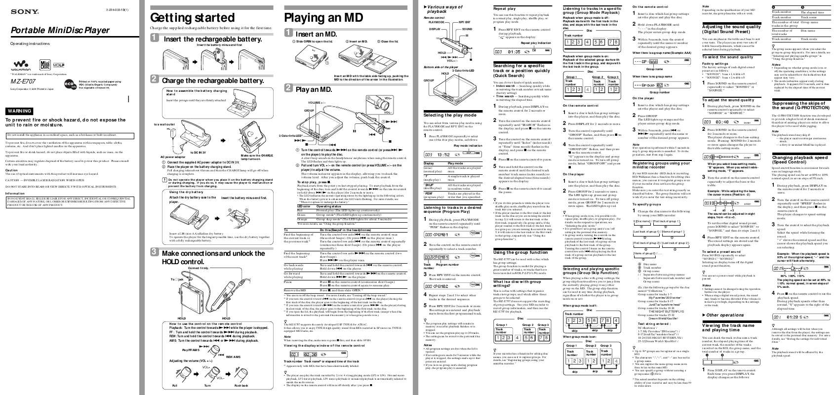 Notice SONY MZE707 lecteur mp3 Trouver une solution à un problème SONY MZE707 mode d'emploi