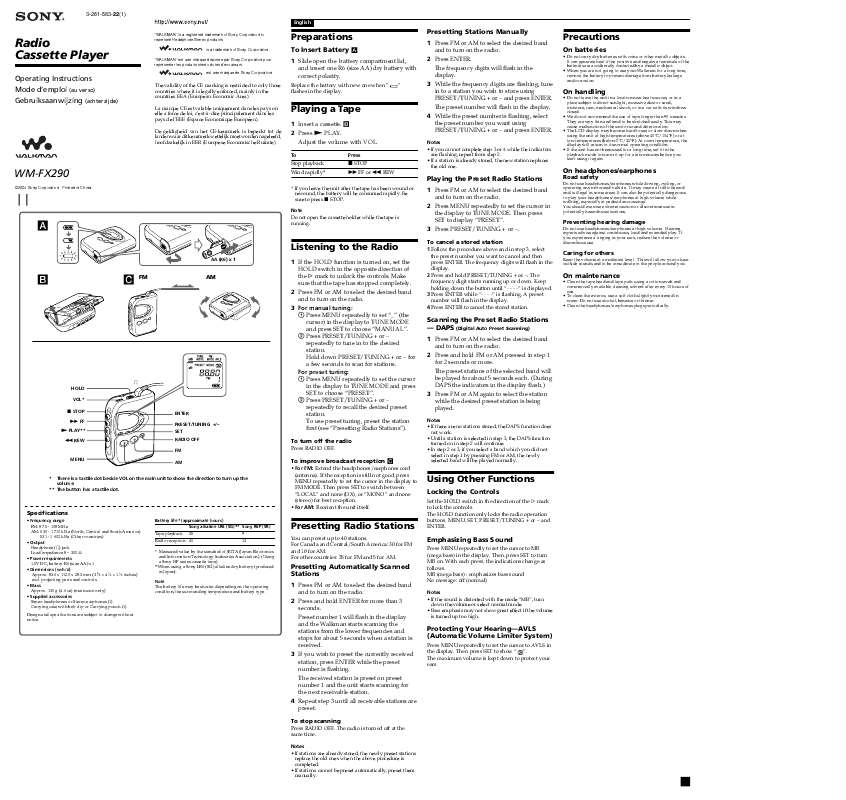 Mode d'emploi SONY WM-FX290