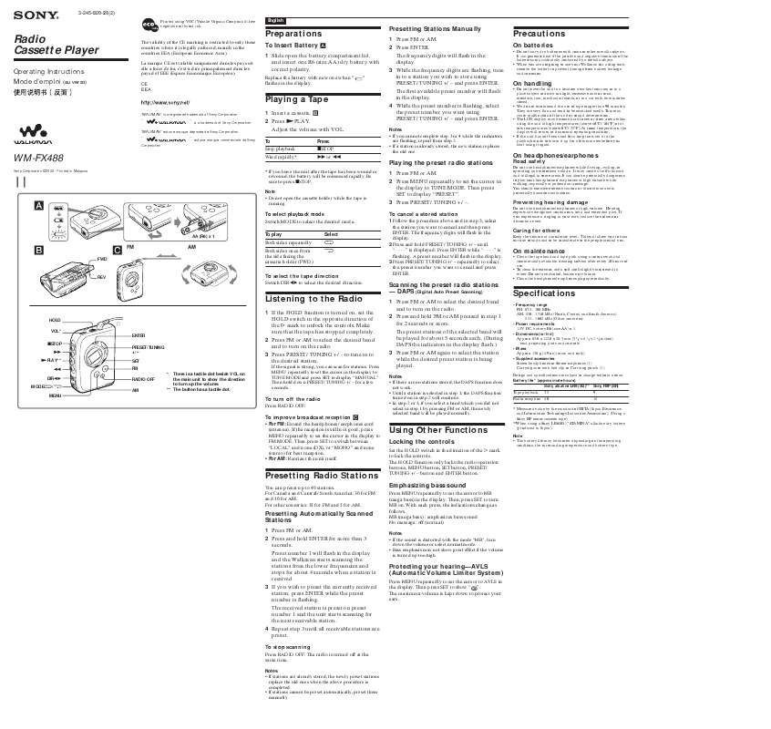 Mode d'emploi SONY WM-FX488