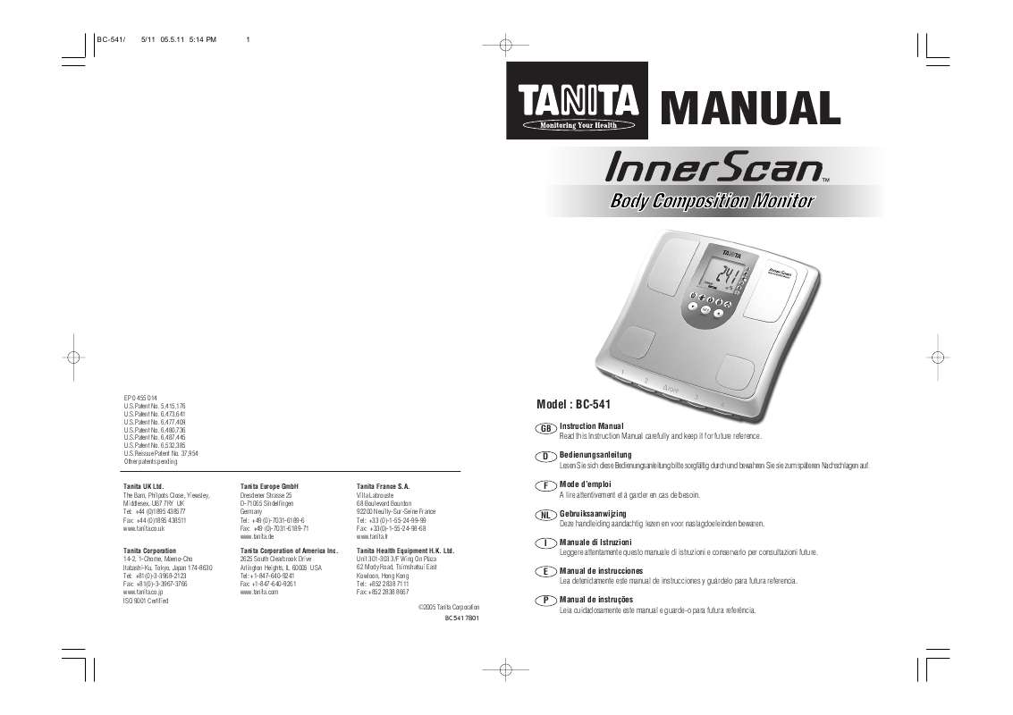 Notice TANITA BC 541 INNERSCAN - epilateur Trouver une solution à un